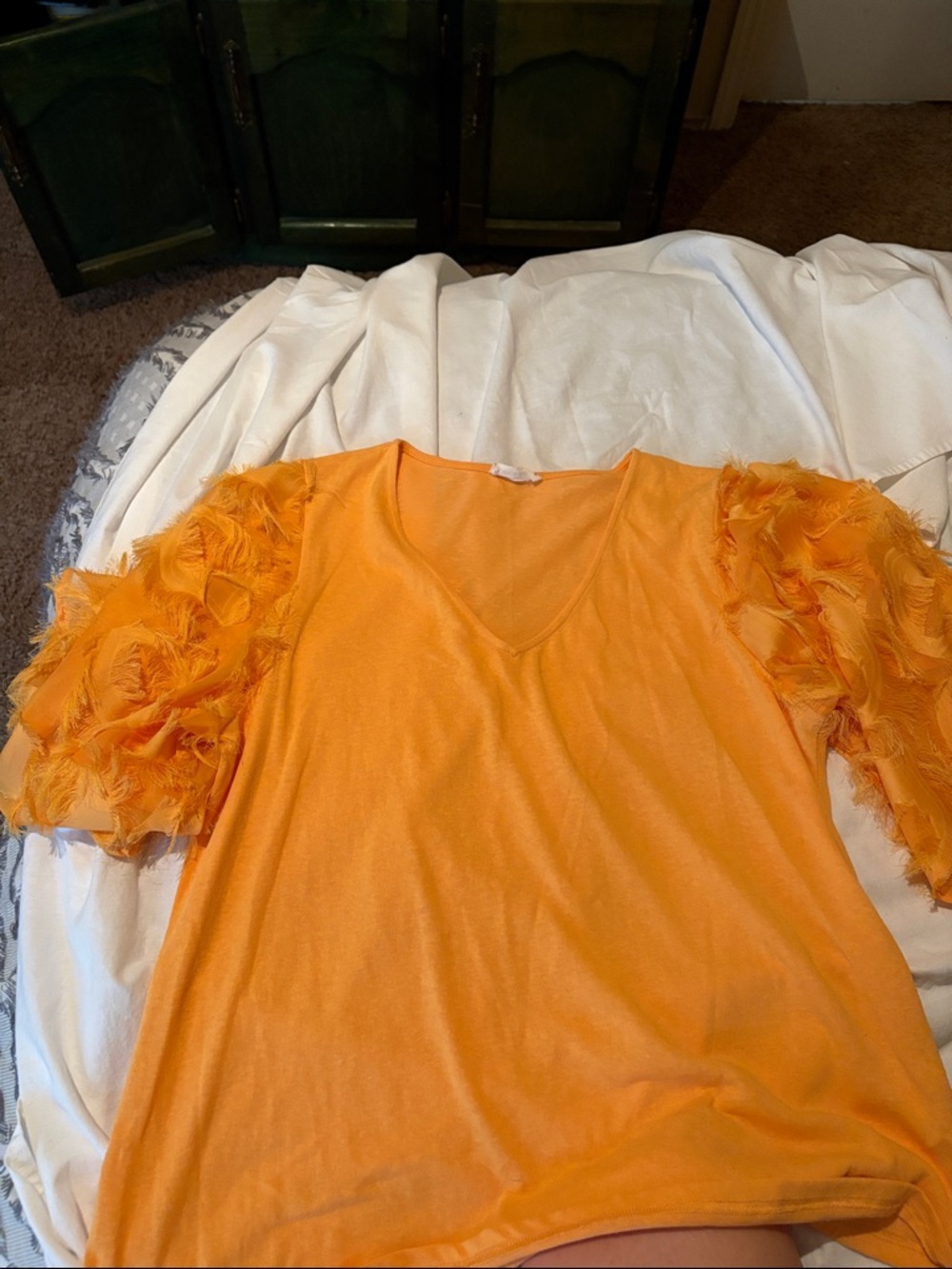 Women's Orange V-Neck Blouse with Ruffled Puff Sleeves